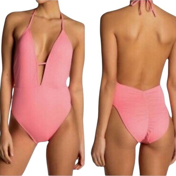 NWT The Bikini Lab Solid Pink Plunge Backless One-Piece Halter Swimsuit Medium - Picture 1 of 9